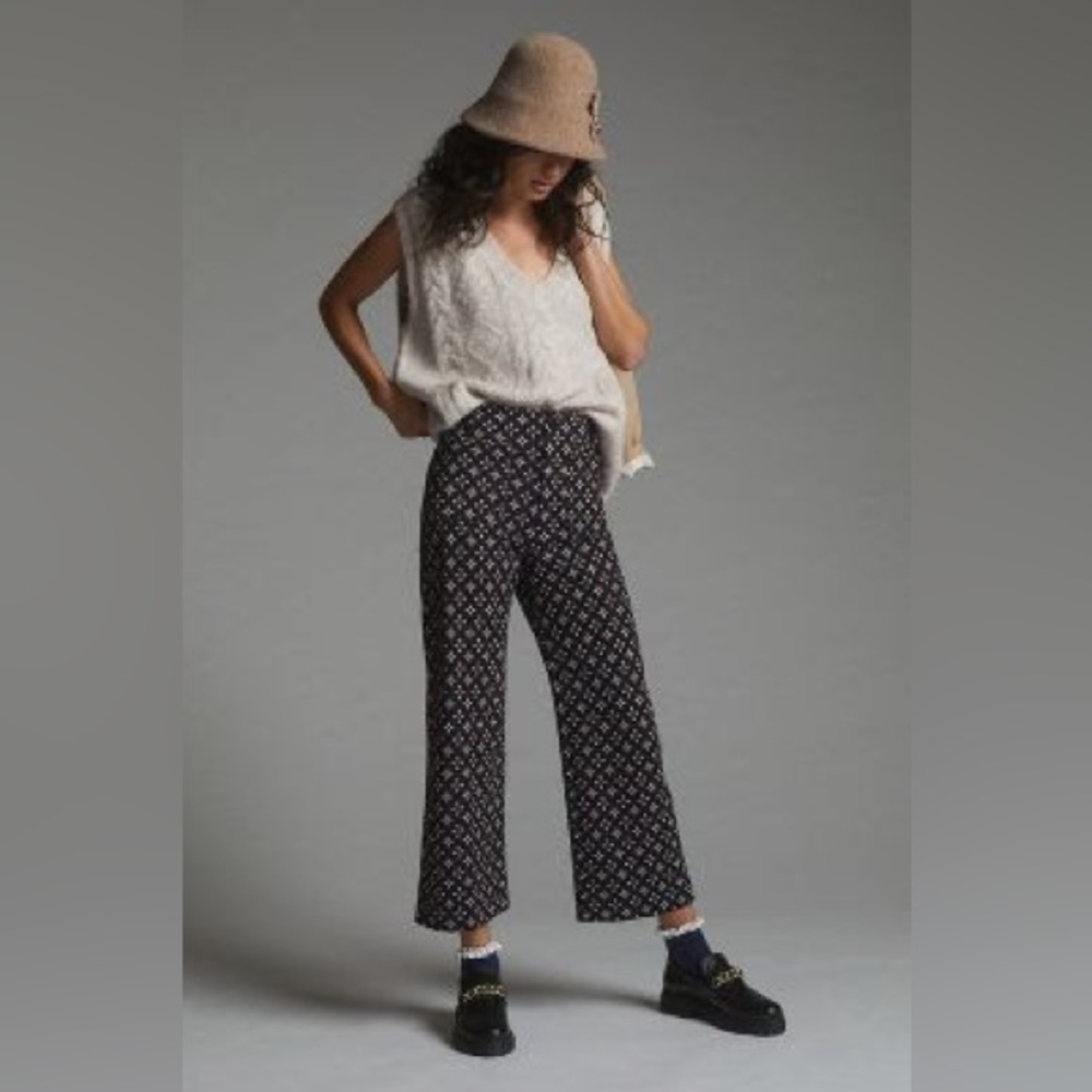 Anthropologie Maeve the Colette Cropped Wide-Leg Ponte Pants in Blue Motif